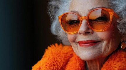 exuberant senior woman vibrant orange outfit oversized funky sunglasses joyful laughter fashion studio lighting