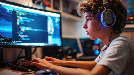 A teenager coding a website or app on a computer, focused and typing away