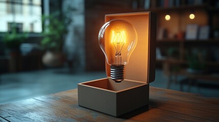 Light bulb in a box, creative idea concept, white background, 3D illustration, No logo, No Trademark, No text, minimal concept with copy space for stock photo