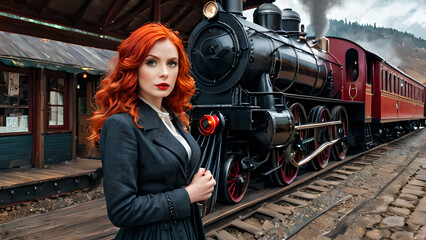 Wall Mural - Timeless Journey: Red-haired Woman Beside a Steaming Train