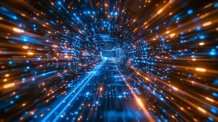 Poster - This image represents a high-speed data tunnel with blue and orange lights, symbolizing the rapid flow of digital information and connectivity.