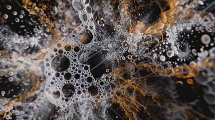 Sticker - An intricate abstract artwork featuring swirling bubbles and dynamic contrasts of black, white, and vibrant patterns that exude energy and motion.