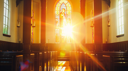 A church with a great view of a stained glass window. The morning sun shines brightly through the window