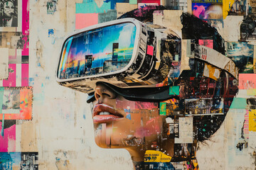 A digital collage depicting a person's face wearing VR glasses, comprised of various elements such as screen fragments, old film rolls, and vintage posters. 