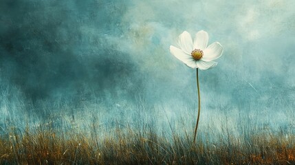 Abstract single flower in a grassy field, with a dynamic futuristic background, representing beauty and resilience