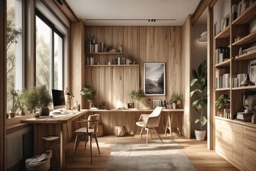 Cozy Workspace with Wooden Furniture and Plants