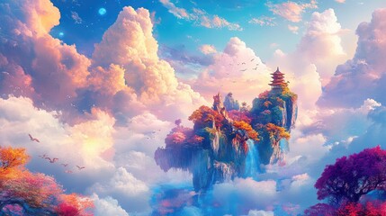 Wall Mural - Beautiful, colorful dreamland in a heavenly setting, surrounded by soft white-blue clouds, vibrant and peaceful