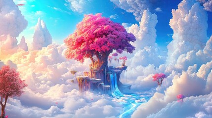 Wall Mural - Beautiful, colorful dreamland in a heavenly setting, surrounded by soft white-blue clouds, vibrant and peaceful