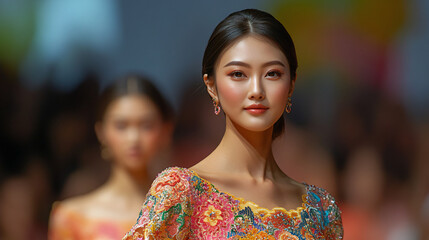 Asian models wearing beautiful dresses are walking the runway, with the background being the fashion show. The neckline of the dress the model is wearing is round, and the hemline is short. The model