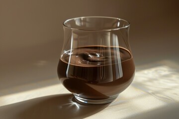 Wall Mural - Glass of chocolate cream dessert is sitting on a table in the sunlight