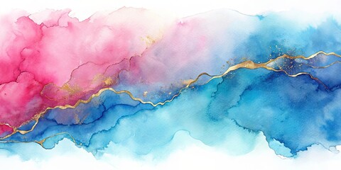 Wall Mural - Abstract blue and pink watercolor painting with elegant gold veins