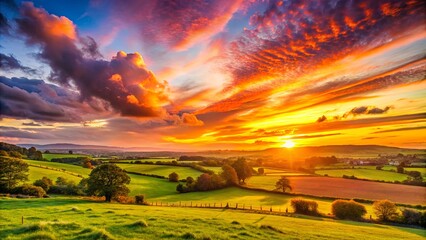 Wall Mural - Vibrant sunset with warm hues over tranquil countryside scene