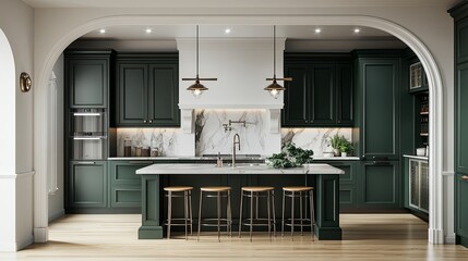 a modern kitchen with green cabinets, a marble countertop, and a kitchen island with four bar stools