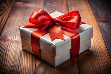 White gift box with red ribbon bow on wooden background. Christmas present, valentine day surprise, birthday concept.