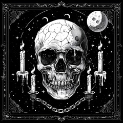 Skull and Moon chain and candles black and white illustration