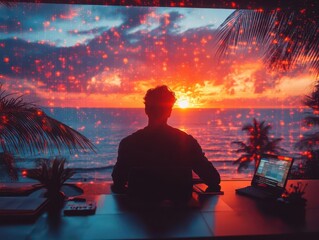 holographic beach office businessman avatar working on virtual screens data waves merging with ocean tropical elements integrated with productivity tools sunrisepowered workstation