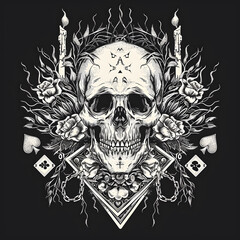 Skull and Playing Cards chain and candles black and white illustration