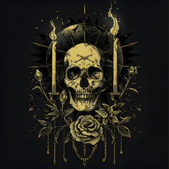 Skull and Rose Sleeve chain and candles black and white illustration