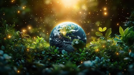 Wall Mural - luminous green earth floating in space surrounded by delicate leaves and ecosymbols stars twinkle in the background emphasizing global environmental awareness