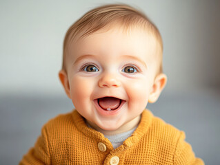 Poster - A baby is smiling and wearing a yellow sweater