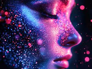 Sticker - A woman's face is covered in glitter, giving it a dreamy, ethereal appearance