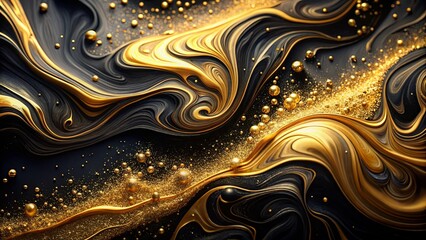 Wall Mural - Abstract black and gold liquid swirls with acrylic paint and gold glitter, creating a mesmerizing and elegant abstract liquid art piece