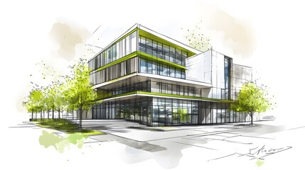 Wall Mural - A sketch of an eco-friendly building with green glass walls, white background, green color palette, architectural drawing style, sketchy lines