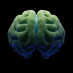 Green and blue illuminated brain structure, abstract digital illustration on black background, futuristic biotechnology and technology concept