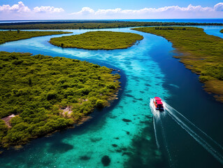 Poster - Aerial view of Canal de los Pirates along Bacalar Lagoon coastline, Bacalar, Quintana Roo, Mexico