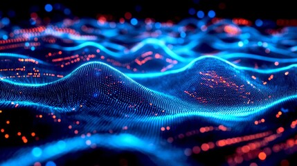 Wall Mural - a vibrant blue and red wave of digital data flows across the image. this abstract design captures th