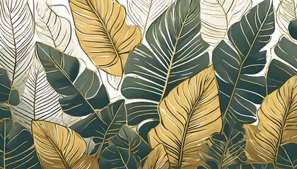 Wall Mural - Luxury gold nature background. Floral pattern, Golden bananas, palms, exotic flowers, line arts illustration.