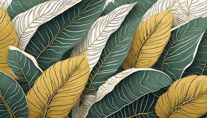 Wall Mural - Tropical leaf Wallpaper, Luxury nature leaves pattern design, Golden banana leaf line arts, Hand drawn outline design for fabric