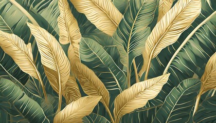 Sticker - Luxury gold tropical leaves background. Wallpaper design with golden line art texture from palm leaves, Jungle leaves, monstera