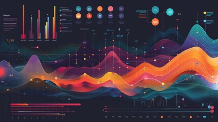 Sticker - A vibrant data visualization artwork displaying a blend of colorful graphs and charts, representing diverse statistics, informational trends, and analytics dynamically.