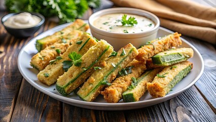 Wall Mural - Crispy fried zucchini sticks with seasoned coating and dipping sauce, perfect appetizer for a party or snack