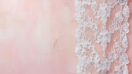 A delicate white lace on a soft pink textured background, ideal for fashion or design use.