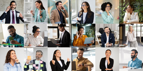 Leinwandbilder - Diverse group of professionals is engaged in different work-related activities within a modern office environment. Individuals are using phones, laptops, and tablets while interacting with one another