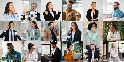 Leinwandbilder - A vibrant gathering showcases professionals of different backgrounds working in a contemporary office environment. Individuals are engaged in tasks such as video calls, meetings