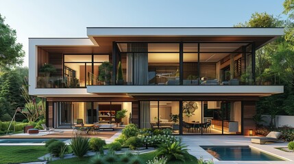 Wall Mural - This image showcases a sleek, modern two-story house with a beautiful garden and extensive glass windows, blending indoor and outdoor spaces harmoniously.