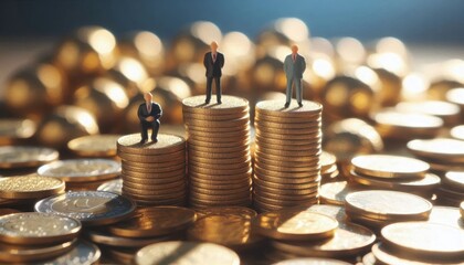 A whimsical and surreal scene depicting two tiny figurines standing atop stacks of golden coins, surrounded by scattered coins on a blurred background, a metaphor for wealth disparity and financial in