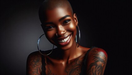 Wall Mural - A portrait of a smiling Black woman with a shaved head, tattoos on her arms, and large hoop earrings, portrait shot against a dark studio background, soft radiant lighting highlighting her joyful expr