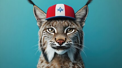 A close-up portrait of a lynx with piercing eyes, wearing a stylized baseball cap with red, white and blue colors, photorealistic fur texture, vibrant teal blue background