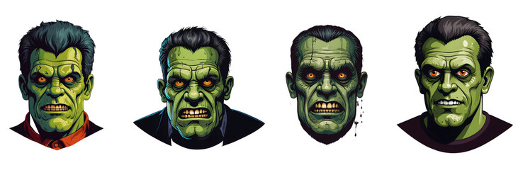 Wall Mural - Set of cartoon horror frankenstein character faces. vector illustration of evil frankenstein smile scary circus monsters. White background. 