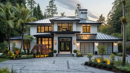 Poster - A contemporary two-story home with sleek white walls, large glass windows, and a meticulously landscaped yard in a wooded area.