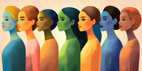 Group portrait of stylized women in warm colors, facing forward with round facial features, diverse skin tones of green, orange, blue, and brown, minimalist fashion with one woman wearing green, figur