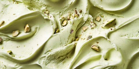 Creamy green pistachio gelato, swirling spiral patterns, rich textures, crushed pistachio nuts scattered, macro close-up, dreamy colors