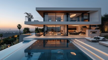 Sticker - A luxurious, contemporary villa with a large, elegant swimming pool and stunning city views, set against a twilight sky.