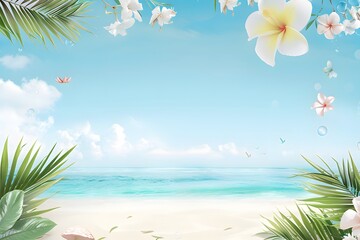 Wall Mural - Tropical beach scene with lush greenery and vibrant flowers against a serene blue sky.