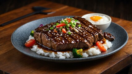 stock photography sizzling teriyaki beef prepared aesthetically with a background of wooden table