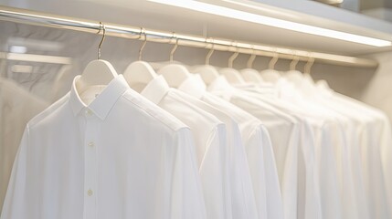 Crisp white men's shirts hanging neatly on a clothing rack, elegant men's fashion store, modern interior